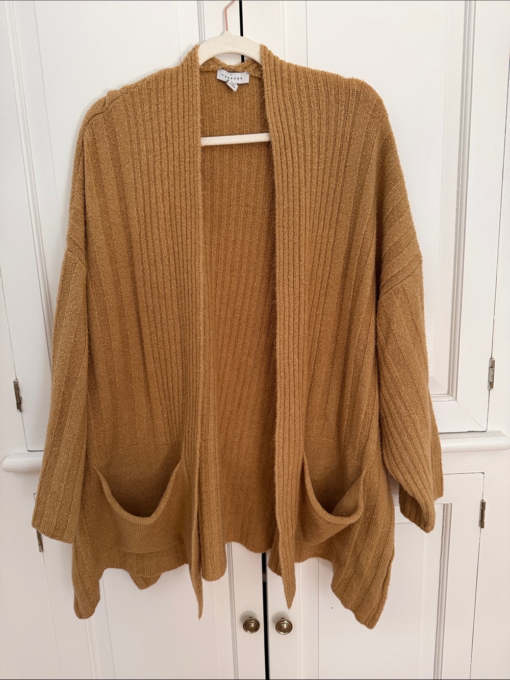 Topshop Ribbed Open-Front Cardigan in Camel Brown
